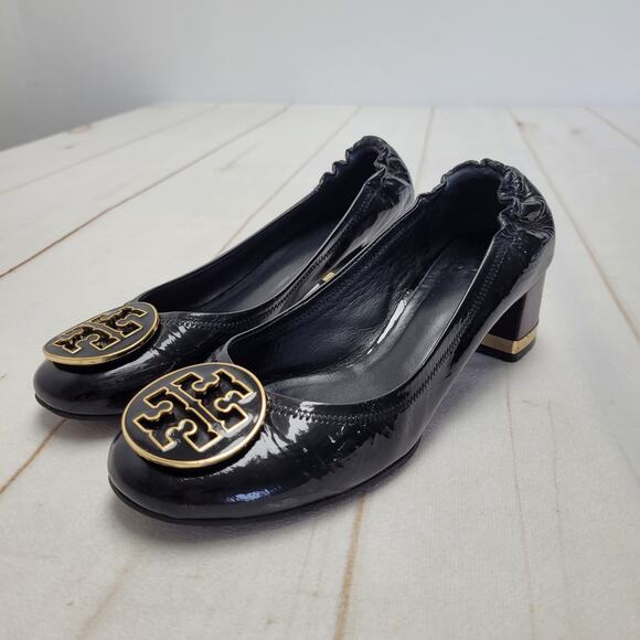 Tory Burch Amy black patent leather heels heeled flats large logo - Picture 1 of 10